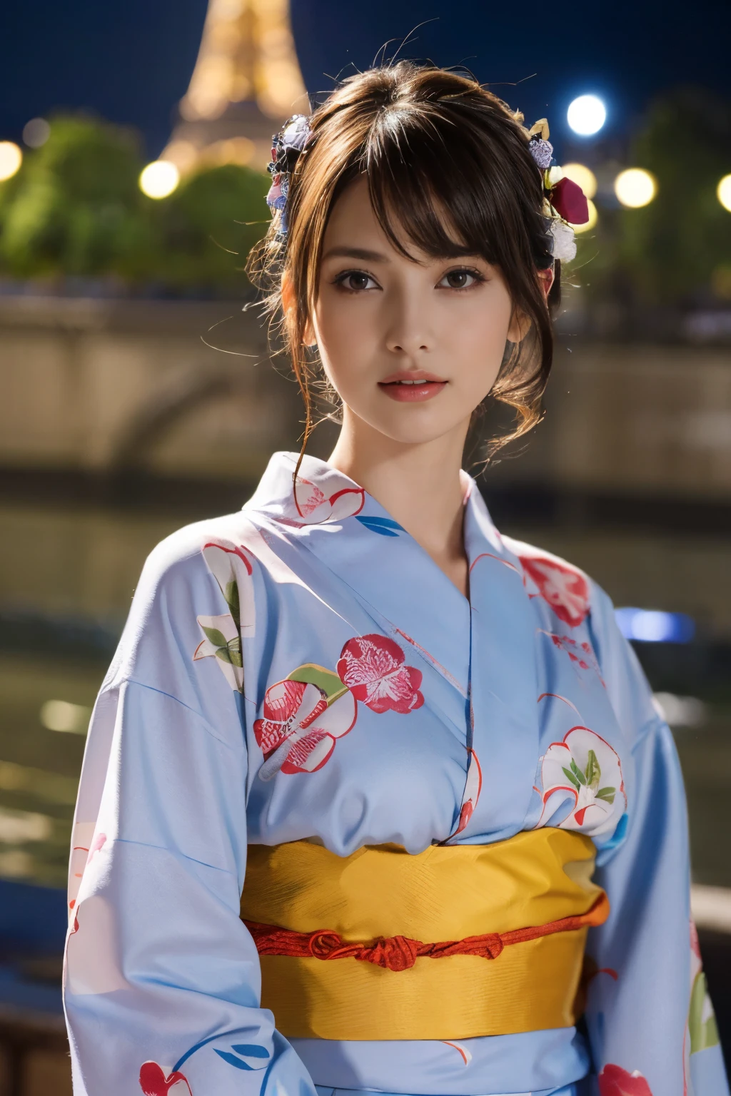 
((masterpiece:1.4, Highest quality)), (Realistic photos:1.4), 
((1 person)), (Otherworldly beauty), (dream-like),
(超High resolution:1.2), Very delicate and beautiful, wonderful, Very detailed CG Unity 8k wall paper, Very detailed, High resolution, 
Soft Light, Beautiful detailed, Very detailed eyes and face, Beautiful and detailed nose, Beautiful and detailed, 
(Portrait of a Parisian woman wearing a yukata:1.3), (Outdoor), (The Seine at night:1.3), (Eiffel Tower), 
Cinema Lighting, Perfect Anatomy, Slender body, (Dark blond hair), (Parted bangs),
Cowboy Shot