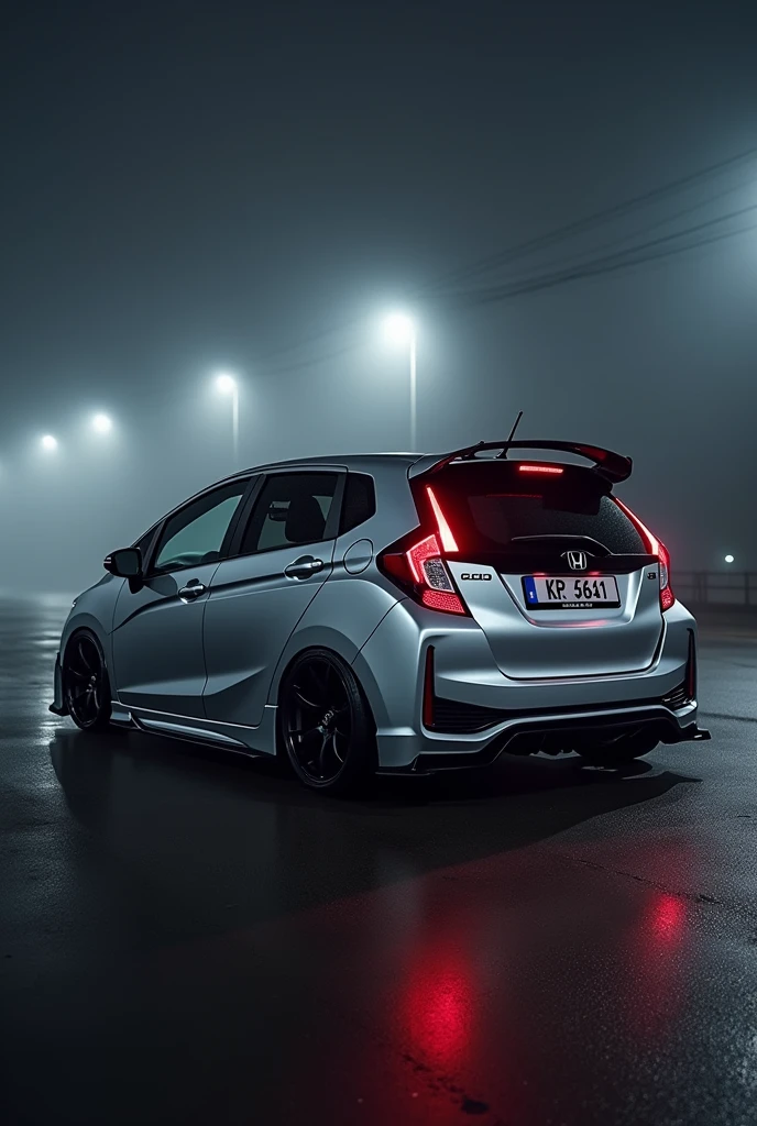 modified honda jazz gk5 rs year 2018 in silver, plate number KR6841, 16 inch black wedsport tc105x wheels, smoke headlights, ducktail wings, at foggy night