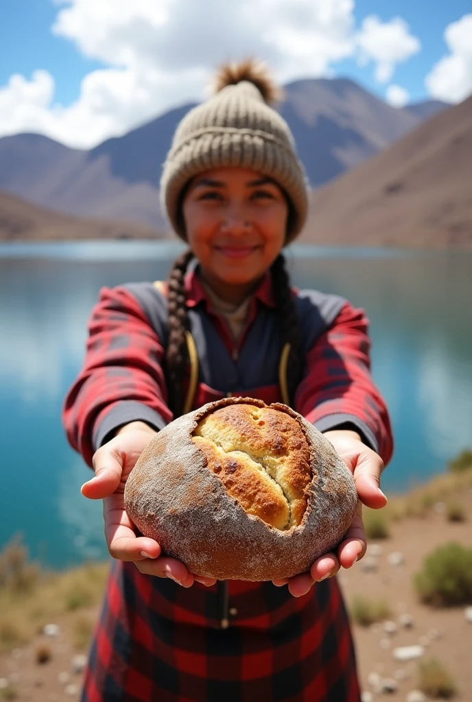 artisanal bread from Puno in Peru for social networks image with the background of Lake Titicaca, baker with indigenous highland chullo presenting the bread