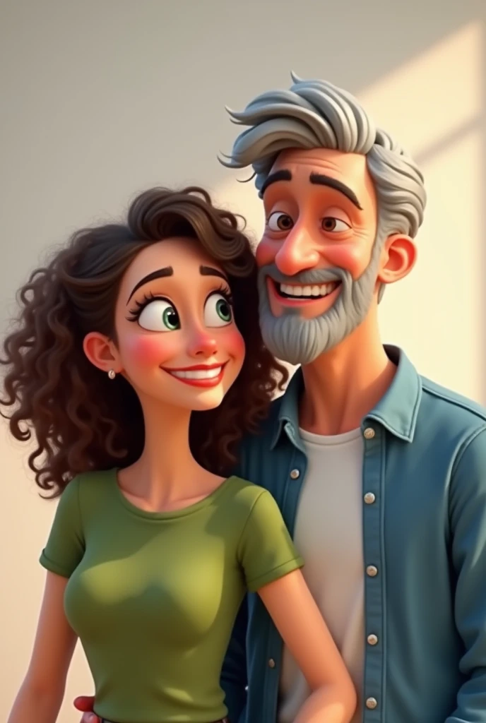 Pixar style image of a couple, full body shot. the wife is in front , She has a green shirt, She has curly hair, white skin, The husband behind her is white-skinned, grey hair, white shirt and blue jacket, They are looking away smiling.