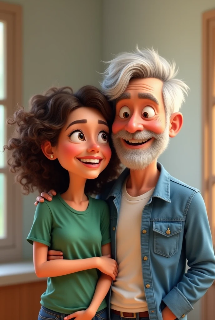 Pixar style image of a couple, full body shot. the wife is in front , She has a green shirt,  She has curly hair, white skin, The husband behind her is white-skinned, grey hair, white shirt and blue jacket, They are looking away smiling.