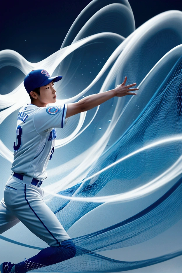 "Design a visually striking social media graphic featuring a dynamic action shot of a handsome 20-something Korean baseball player in mid-catch. Incorporate a modern, abstract design with flowing lines and bubble elements to create a sense of motion and energy. The player should be the central focus of the image."