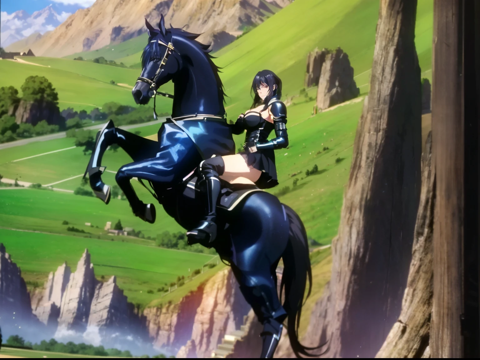 ((highest quality:1.2)), ((anime masterpiece)), (highest detailed:1.2), 8k, cinematic lighting, anime screencap, HDR, shandy riding a BLACK HORSE, (shandy, {black hair}, large breast, cleavage), (blue armor, black gauntlet, black miniskirt, blue boots), mountains, outdoor, open field, ((from side: 1.2)), anatomically correct