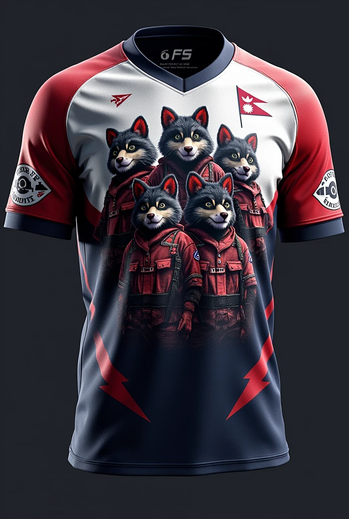 Creat a jersey for ESPORTS WITH FURRY SOLDIERS WRITTEN IN JERSEY MIDDLE AND NEPAL FLAG IN RIGHT TOP AND FS LOGO IN LEFT TOP