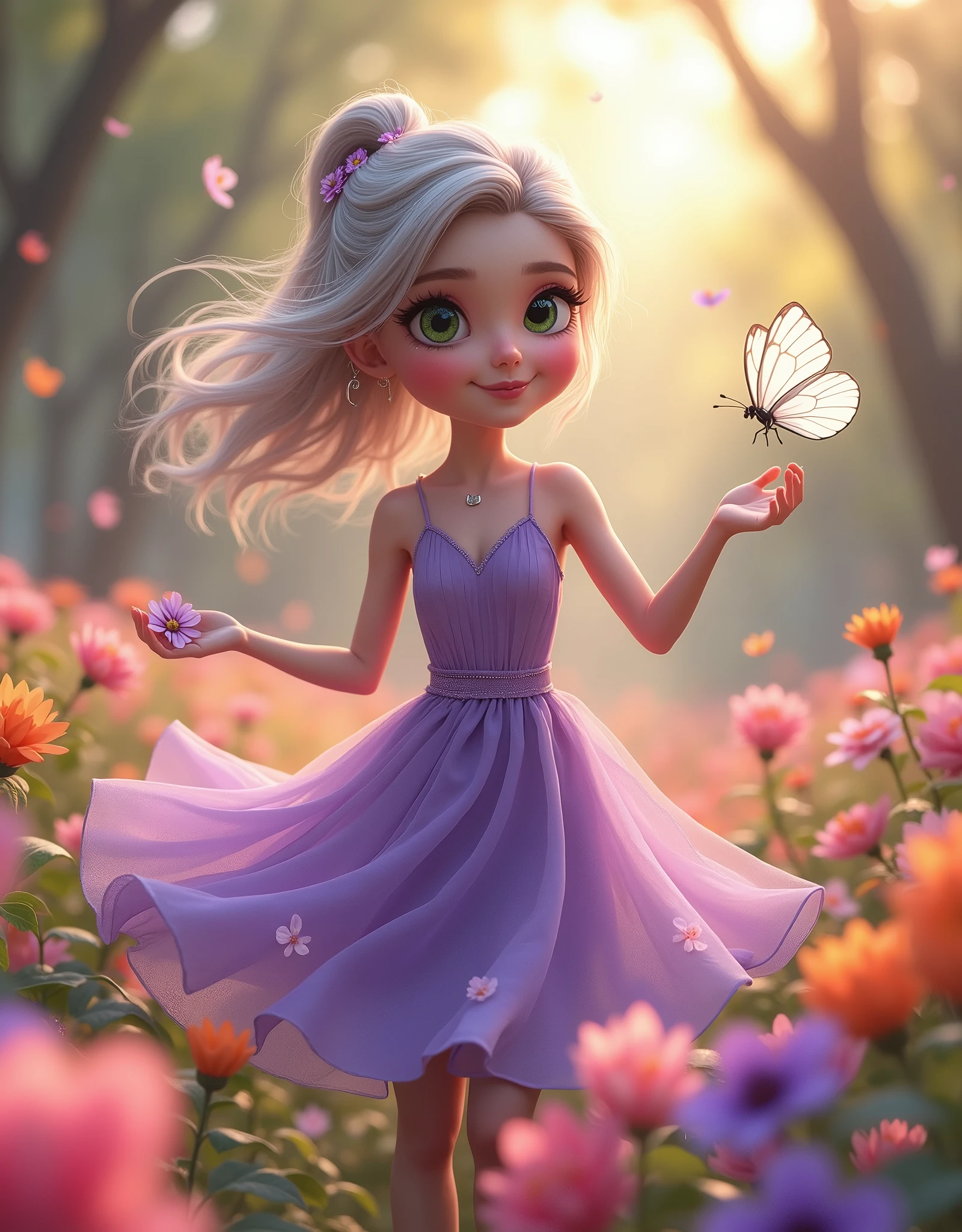 detail, Realism, 4K, , facial detailing, large green eyes, Plump lips, Upturned nose, Gray hair on pink hair, Wearing a Purple dress, flower 🌸 in his hands,, The girl is Dancing 🎶 ((happy)), Flowers in the background, White butterfly in the foreground, Realistic shooting, depth of fields, Soft front light, Glow, nffsw (PastelColors: 1.2), Canon RF 100mm f2.8L 宏 IS USM