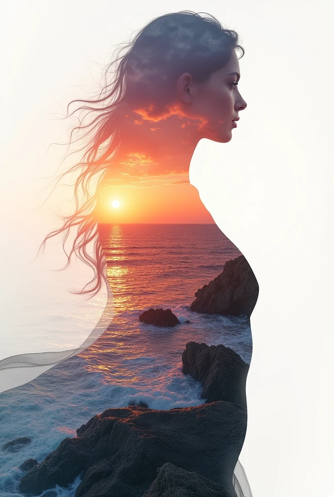 high quality, 8K Ultra HD, A beautiful double exposure that combines an goddess silhouette with sunset coast, sunset coast should serve as the underlying backdrop, with its details incorporated into the goddess , crisp lines, The background is monochrome, sharp focus, double exposure, by yukisakura, awesome full color,