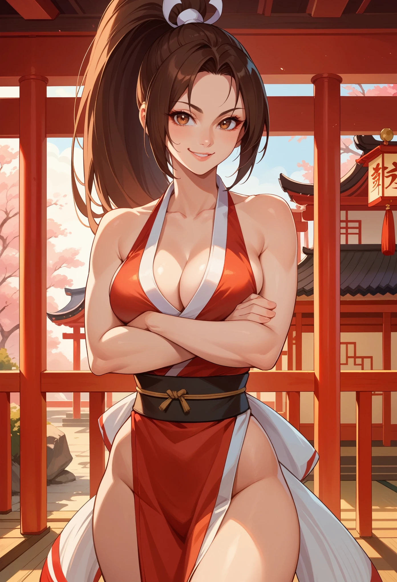 score_9, score_8_up, score_7_up, 1girl, solo, PonyShiranui, high ponytail, brown hair, brown eyes, japanese clothes, revealing clothes, cleavage, standing, crossed arms, sexy smile, looking at you, japanese shrine