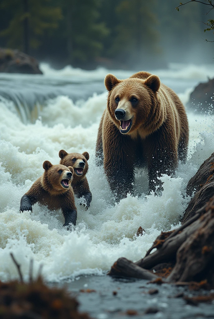 Movie Scenes、Brown bear cubs are swept away by the rapids of a great river along with rotten wood.、Mother bear watching from afar