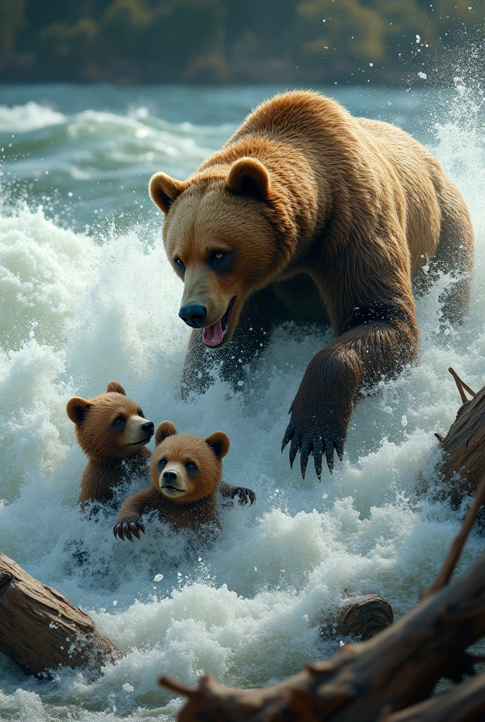 Movie Scenes、Brown bear cubs are swept away by the rapids of a great river along with rotten wood.、Mother bear watching from afar