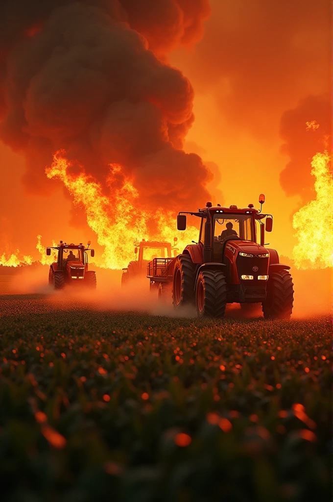 A fire in a soybean plantation and tractors trying to put it out with water 