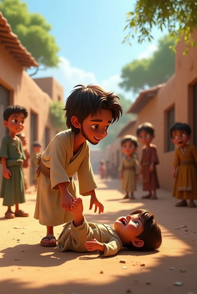 A 3D movie poster in Disney-Pixar style of Jesus as a kid helping his friend that fall in the ground and broke his ankle