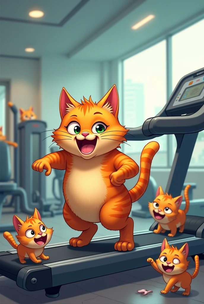 "Rusty, the orange cat, clumsily trying to use a treadmill in the gym, with one paw slipping off. Nearby, Pippin the kitten is watching and giggling. Other gym cats are in the background, some chuckling at Rusty's struggles while others continue their workouts."