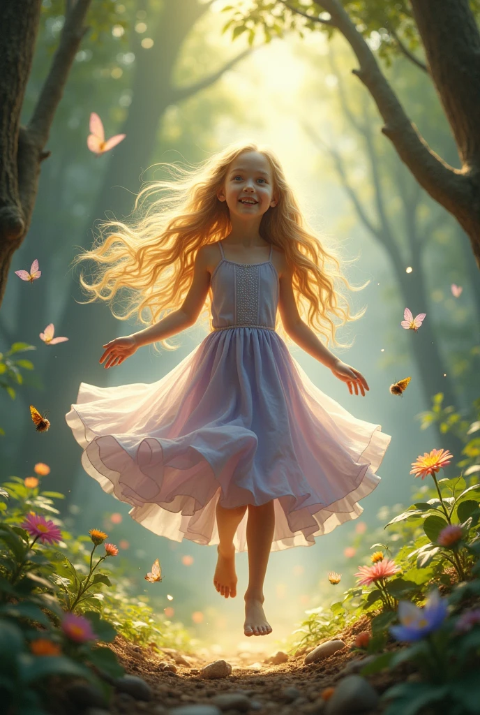 Imagine a young goddess child, around ten years old, standing in a magical forest clearing, playfully using her gravity control powers. She has long, flowing hair that shimmers like golden silk, gently floating around her as if caught in a breeze, defying gravity. Her eyes are a bright, sparkling blue, filled with a mix of innocence, curiosity, and a hint of mischief.
She is dressed in a simple yet enchanting dress made of soft, flowing fabric in pastel shades of lavender and silver, adorned with tiny, twinkling stars that seem to glow softly. Her small feet are bare, hovering just above the ground as she floats effortlessly, a few inches in the air, giggling with delight.
Around her, various objects are caught in her gravitational pull: small stones, leaves, and even tiny woodland creatures float gently around her, orbiting in a playful dance. A few colorful flowers are lifted from the ground, spinning slowly in mid-air, their petals fluttering like butterflies.
The forest around her is alive with magic, illuminated by her soft, golden aura that pulses with her laughter. Sunbeams filter through the canopy above, casting dappled light and shadows on the ground, creating a beautiful mosaic of light around her. The trees seem to sway gently, as if bowing to her presence.
Her expression is one of pure joy and wonder, as she discovers and delights in her ability to control gravity, playing with the natural world as if it were her playground. Her hands are lifted, palms facing upward, as she experiments with making objects float and dance around her, her giggles echoing through the forest.
Despite her young age, there is an unmistakable aura of divinity about her—a sense of immense power balanced with innocence and playfulness, showing that even as a child, she possesses the extraordinary abilities of a goddess.