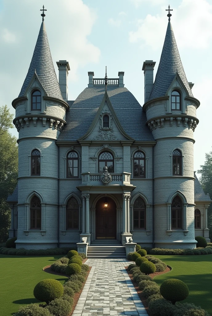 (photorealism:1.2), Wayne Manor style intricate house but affordable to Todays market. Include a family crest. Not pointy with two isolated rectangular symmetrical towers. Smooth stone color. More castle like. Square infrastructure. Take inspiration from the Bruce Wayne Manor in Batman.