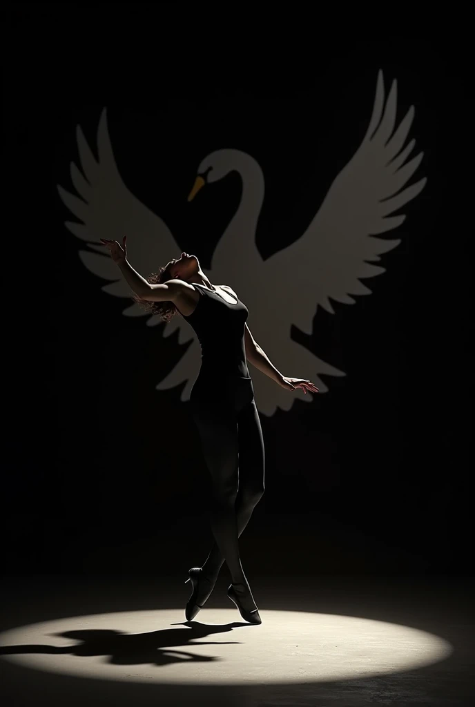  a female figure, in a ballet pose, on a completely black background.

The light that falls on it projects a shadow on the floor that transforms into the silhouette of a swan with its wings open. The contrast between the illuminated figure and the dark background is striking..

Her outfit is black

