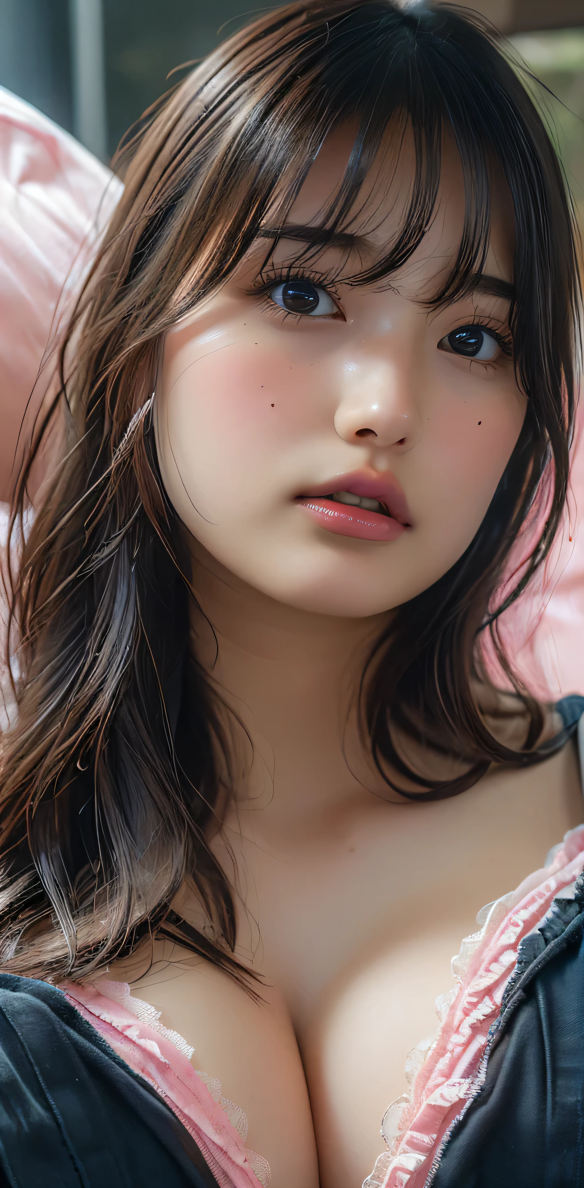 (((Very huge  bigger than a face:1.35)))、((Pink underwear))、Raise your arms、Spread your legs、Lie、Sleep on your back、((High resolution)), Superior Quality, Very detailed, Realistic, ((8k)), RAW Photos, Highest quality, masterpiece, attractive, wonderful, Black Hair, Shoulder-length layers, Mesh Hair, Japanese Idols, Sophisticated, stylish, 