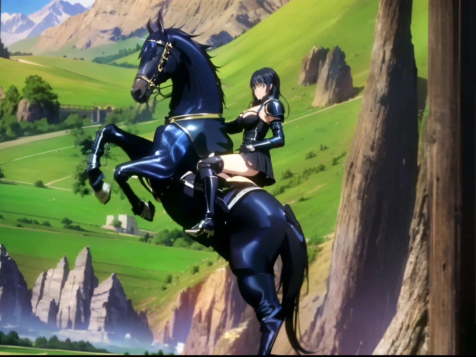 ((highest quality:1.2)), ((anime masterpiece)), (highest detailed:1.2), 8k, cinematic lighting, anime screencap, HDR, shandy riding a BLACK HORSE, (shandy, {black hair}, large breast, cleavage), (blue armor, black gauntlet, black miniskirt, blue boots), mountains, outdoor, open field, ((from side: 1.2)), anatomically correct
