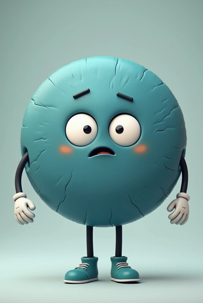 "Create a character, in cartoon style, with the following characteristics: a predominantly dark blue circular body. The character has a white face centered in the circle, with large, round, expressive eyes that convey concern for helping others not to commit suicide. The character has a neutral expression. He has thin black arms with white gloves and black legs wearing light turquoise shoes.. The character must be in a help position, with hands outstretched as if to reach out to someone as a sign of help and support. The general climate should be neutral and supportive., as if the character was ready to help in any situation."