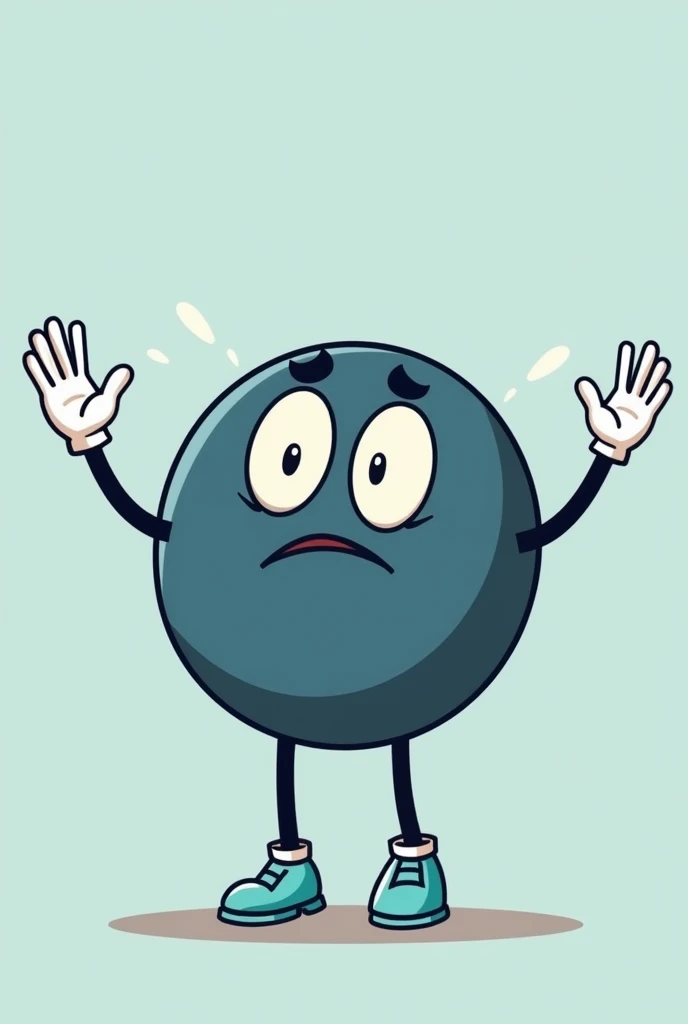 "Create a character, in cartoon style, with the following characteristics: a predominantly dark blue circular body. The character has a white face centered in the circle, with large, round, expressive eyes that convey concern for helping others not to commit suicide. The character has a neutral expression. He has thin black arms with white gloves and black legs wearing light turquoise shoes.. The character must be in a help position, with hands outstretched as if to reach out to someone as a sign of help and support. The general climate should be neutral and supportive., as if the character was ready to help in any situation."