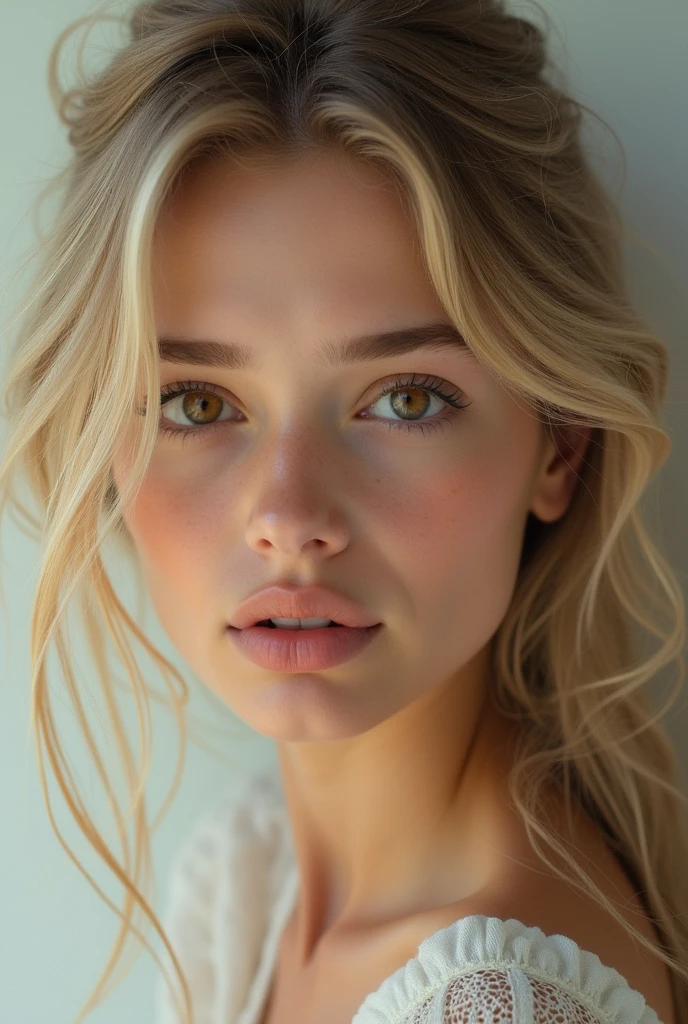 Blonde Woman,yeux bruns, face only,visage fin, visage de face, loose hair,