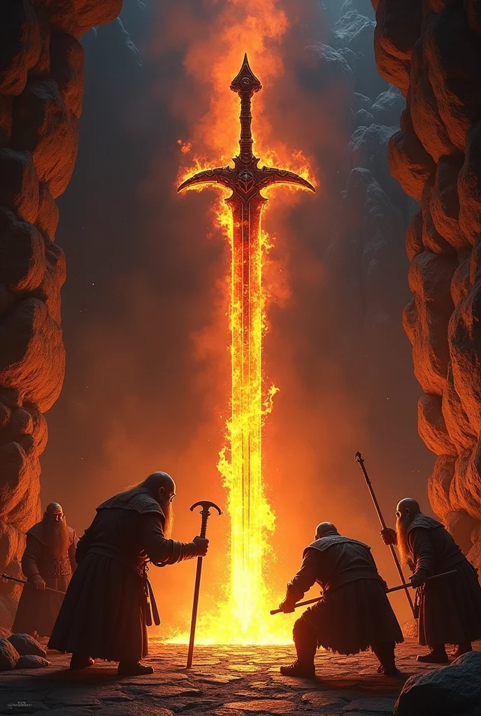In the deepest forge of Ferrogrim, in the medieval era, a team of master dwarven blacksmiths work tirelessly, their faces illuminated by the intense heat of molten metal as they create the enchanted sword, the “Iron Flame”, imbued with the essence of the mountain's fiery core. .