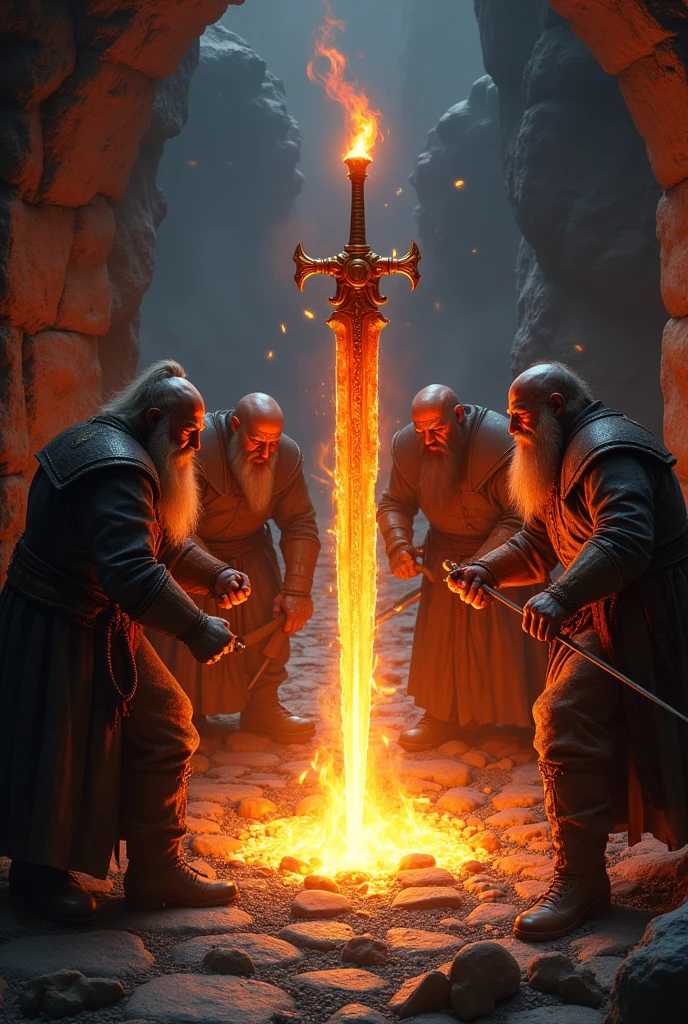 In the deepest forge of Ferrogrim, in the medieval era, a team of master dwarven blacksmiths work tirelessly, their faces illuminated by the intense heat of molten metal as they create the enchanted sword, the “Iron Flame”, imbued with the essence of the mountain's fiery core. .