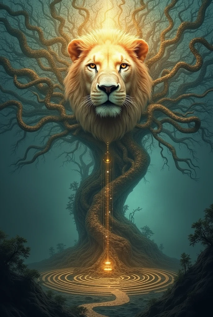 Create a maze in the shape of a tree, where each branch represents one of the 32 paths of knowledge. On top, a light that emanates wisdom, lighting the way.Transparent lion head occupying the entire image