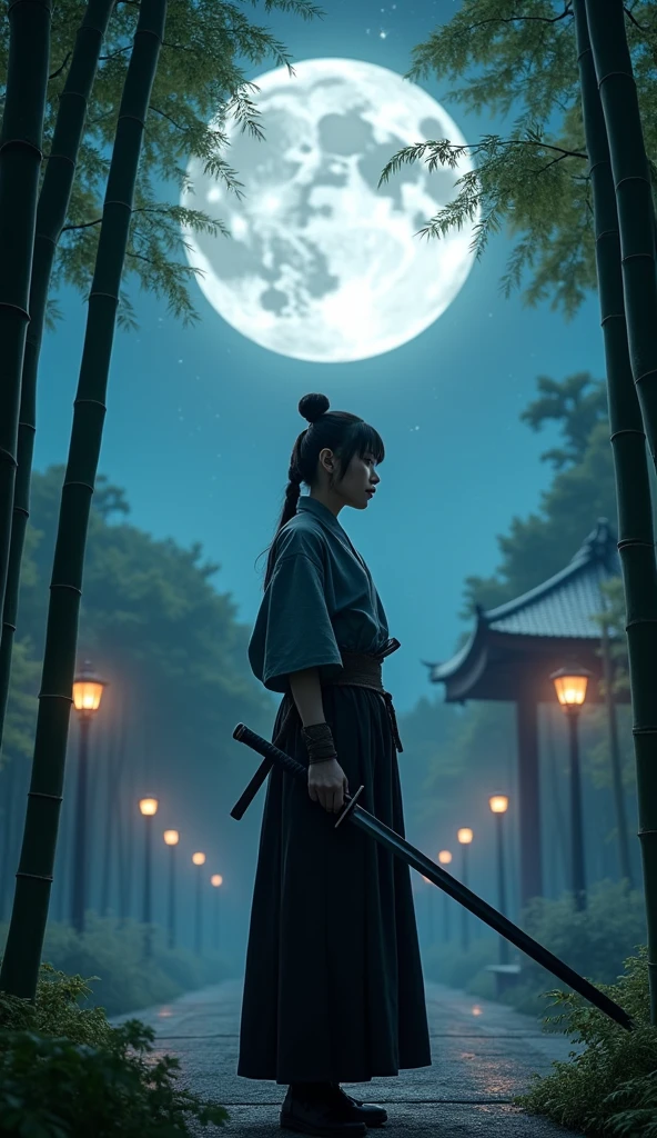 samurai, 1girl, Hold a Japanese sword and point the blade at it, hakama, aesthetic, wide shot, cinematic lighting, ultra wide angle, moonlight, starry sky, bamboo forest, Japanese temple,