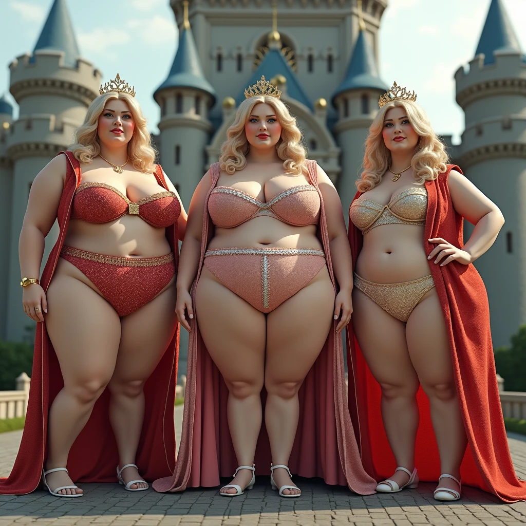 Three plus size model women with a lot of belly and butt fat and weigh 200kg, they gained weight by eating too much, they are obese blonde haired American plus size models with very big butts, their butts are big and inflated and covered with a lot of fat, they are wearing queen costumes and standing in front of a castle, 4K quality