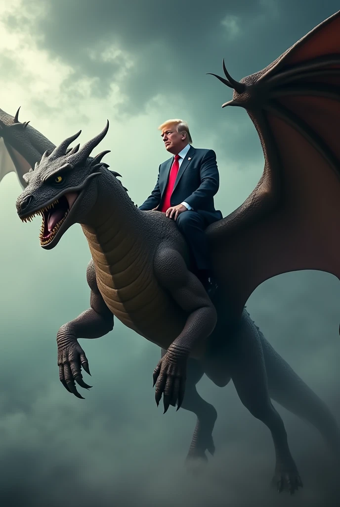 donald trump flying a dragon from Game Of Thrones, dramatic scene