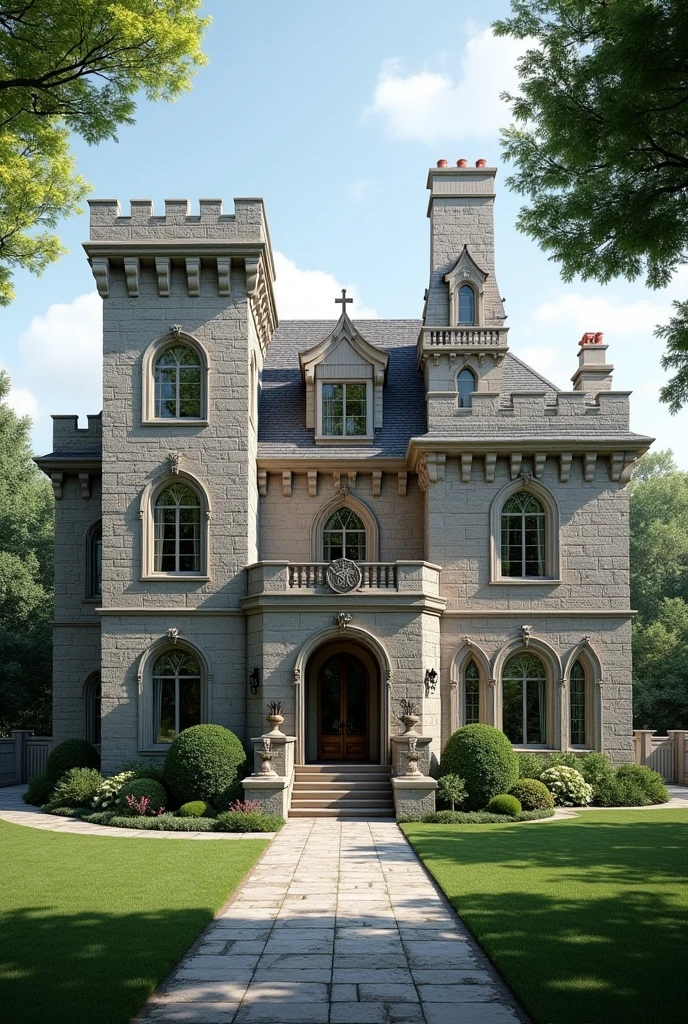 (photorealism:1.2), Wayne Manor style intricate house but affordable to Todays market. Include a family crest. Not pointy with two isolated rectangular symmetrical towers. Smooth stone color. More castle like. Square infrastructure. Take inspiration from the Bruce Wayne Manor in Batman. Flat tops.