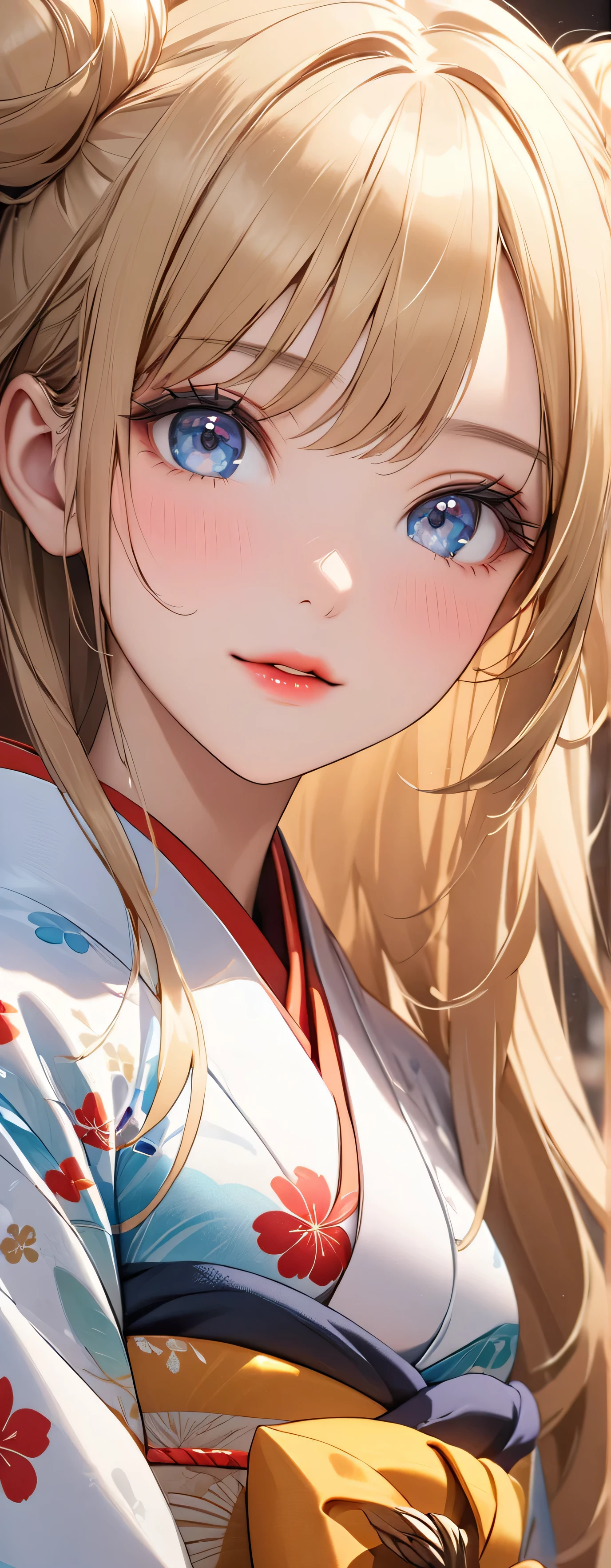 (beautiful girl: 1.3),1girl,masterpiece, Highest quality, Ultra-high resolution,Rich contrast,super high quality,8k,Highly detailed CG unit wallpaper,texture,Unbelievably absurd,Ultra-high resolution,RAW Photos,Depth of Field 1.2,double buns,blonde,Light blue eyes,(Beautiful and detailed kimono),blush,White skin,blonde,Long Hair,Beautiful glossy lips,pinup,((extreme close-up))
