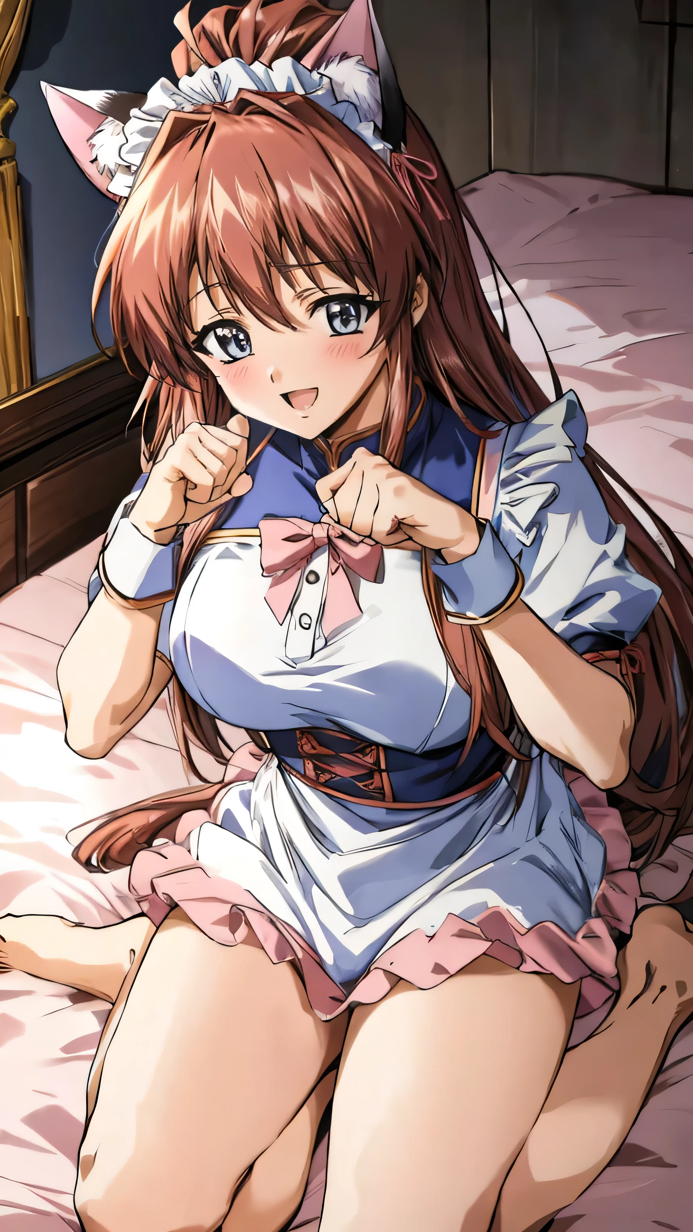 (Anime artwork, Anime Style, Studio Anime, Very detailed, Latest, Vibrant, Anime Coloring Book, High Contrast, masterpiece:1.2, Highest quality, Best aesthetics), (Beautiful and detailed:1.2), Aoikan, 1 person, blush, (maid headdress, cat ears, maid uniform), Cute Smile Open your mouth On the bed, (paw pose:1.3), Pink Good, From above, No pants,Two Arms,