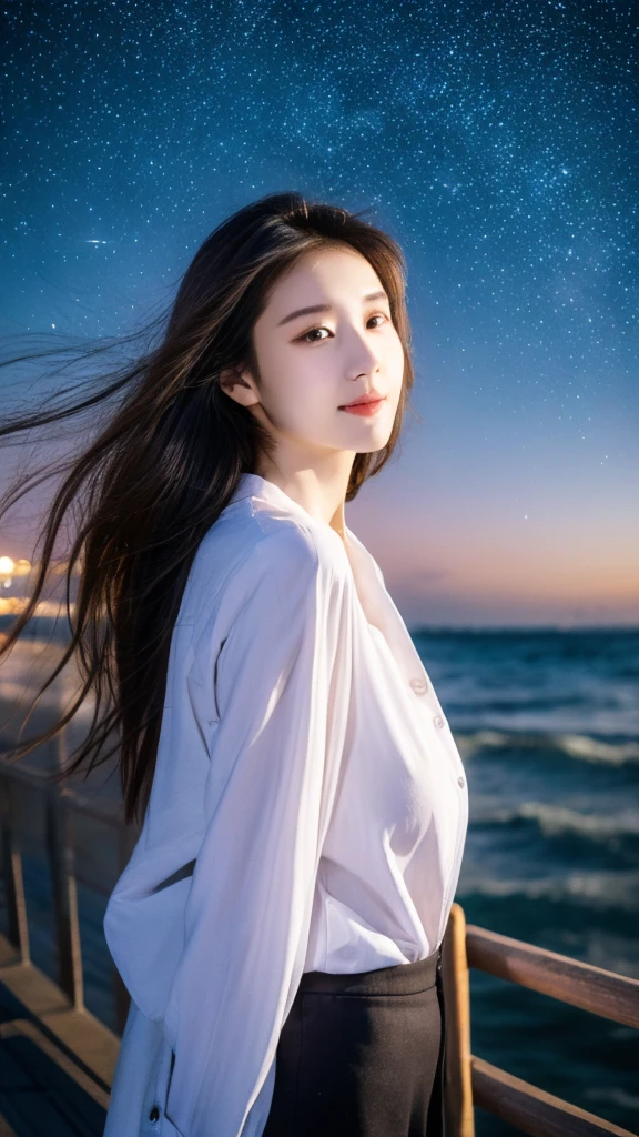 high resolution、Japanese women、Beauty、cute、（Brown long hair hairstyle:2.0）、Small face、Beautiful skin、Large breasts、Reality Stick、summer、Ocean、night、（Stars in the sky:1.5）、（A long-sleeved, buttoned-up black shirt:1.5）、I have nothing in my hands、Lots of starry skies