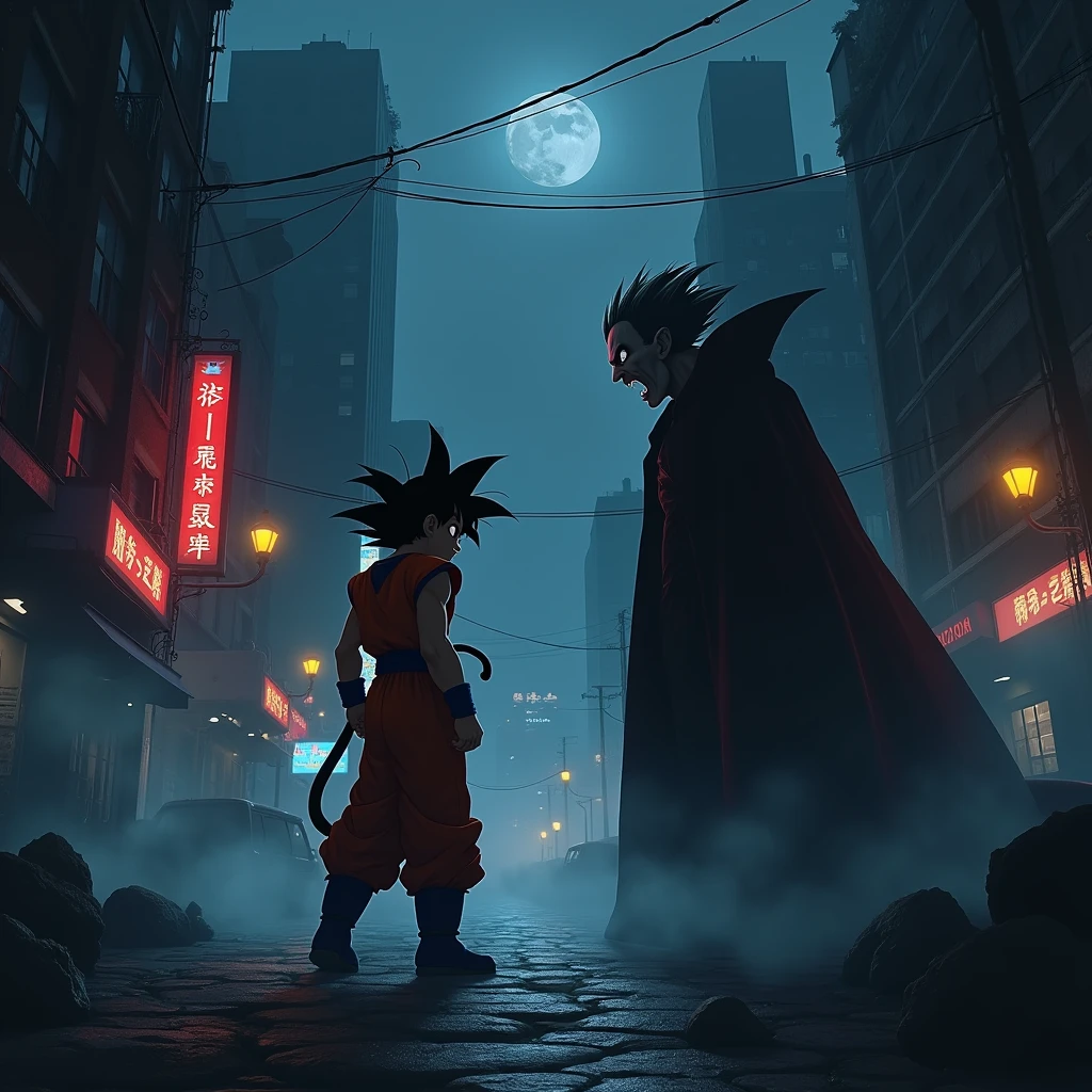 Draw Goku walking at night through the dark city, and a Vampire appears