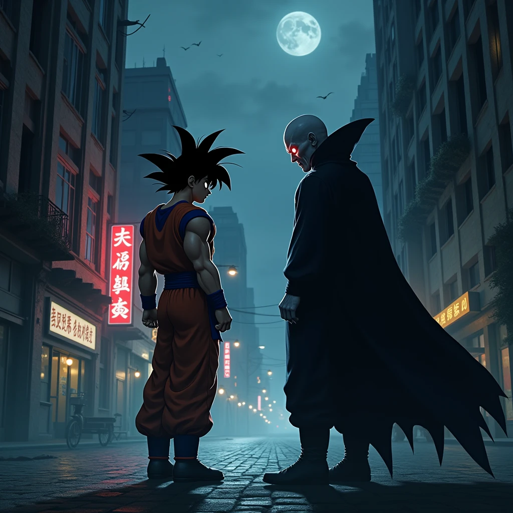 Draw Goku walking at night through the dark city, and a Vampire appears