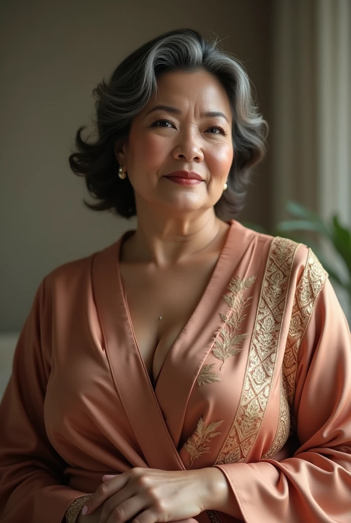 Female Age 50, Very Big Boobs, satin kurung dress