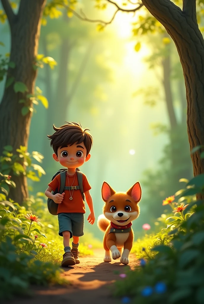 Show Max with his small, energetic dog Daisy walking together through the forest. They are focused and determined, ready to help their friends, with Daisy playfully wagging her tail*