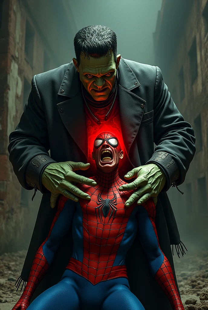 Create an image of Frankenstein from an old 1931 movie ripping out the heart of Spider-Man