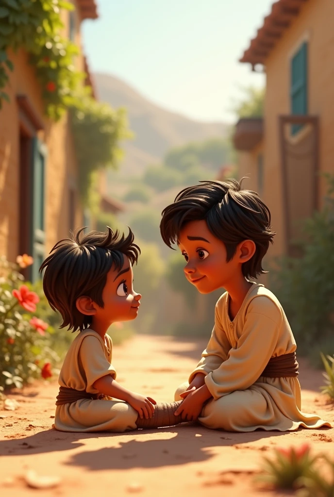 A 3D movie poster in Disney-Pixar style of Jesus as a  kid helping his friend that broke his ankle