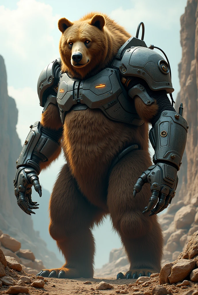 a massive brown bear with one mecha metal arm standing on two feet