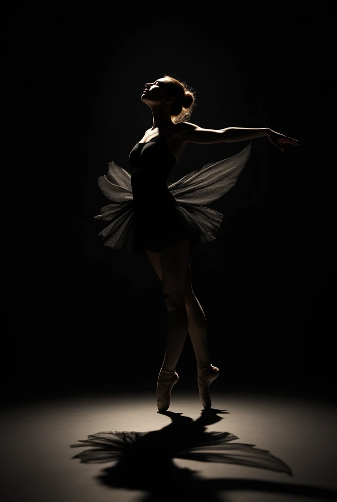 a female figure, in a ballet pose, on a completely black background.
The light that falls on it projects a shadow on the floor that transforms into the silhouette of a swan with its wings open. The contrast between the illuminated figure and the dark background is striking..
her clothes are black THE SWAN ON THE GROUND, AS IF IT WAS HER SHADOW