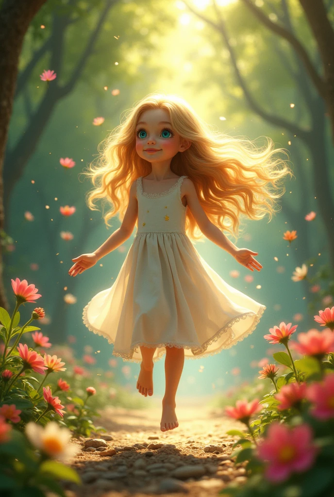 Imagine a young goddess child, around ten years old, standing in a street city, playfully using her gravity control powers. She has long, flowing hair that shimmers like golden silk, gently floating around her as if caught in a breeze, defying gravity. Her eyes are a bright, sparkling blue, filled with a mix of innocence, curiosity, and a hint of mischief.
She is dressed in a simple yet enchanting dress made of soft, flowing fabric in pastel shades of lavender and silver, adorned with tiny, twinkling stars that seem to glow softly. Her small feet are bare, hovering just above the ground as she floats effortlessly, a few inches in the air, giggling with delight.
Around her, various objects are caught in her gravitational pull: small stones, leaves, and even tiny woodland creatures float gently around her, orbiting in a playful dance. A few colorful flowers are lifted from the ground, spinning slowly in mid-air, their petals fluttering like butterflies.
The forest around her is alive with magic, illuminated by her soft, golden aura that pulses with her laughter. Sunbeams filter through the canopy above, casting dappled light and shadows on the ground, creating a beautiful mosaic of light around her. The trees seem to sway gently, as if bowing to her presence.
Her expression is one of pure joy and wonder, as she discovers and delights in her ability to control gravity, playing with the natural world as if it were her playground. Her hands are lifted, palms facing upward, as she experiments with making objects float and dance around her, her giggles echoing through the forest.
Despite her young age, there is an unmistakable aura of divinity about her—a sense of immense power balanced with innocence and playfulness, showing that even as a child, she possesses the extraordinary abilities of a goddess.