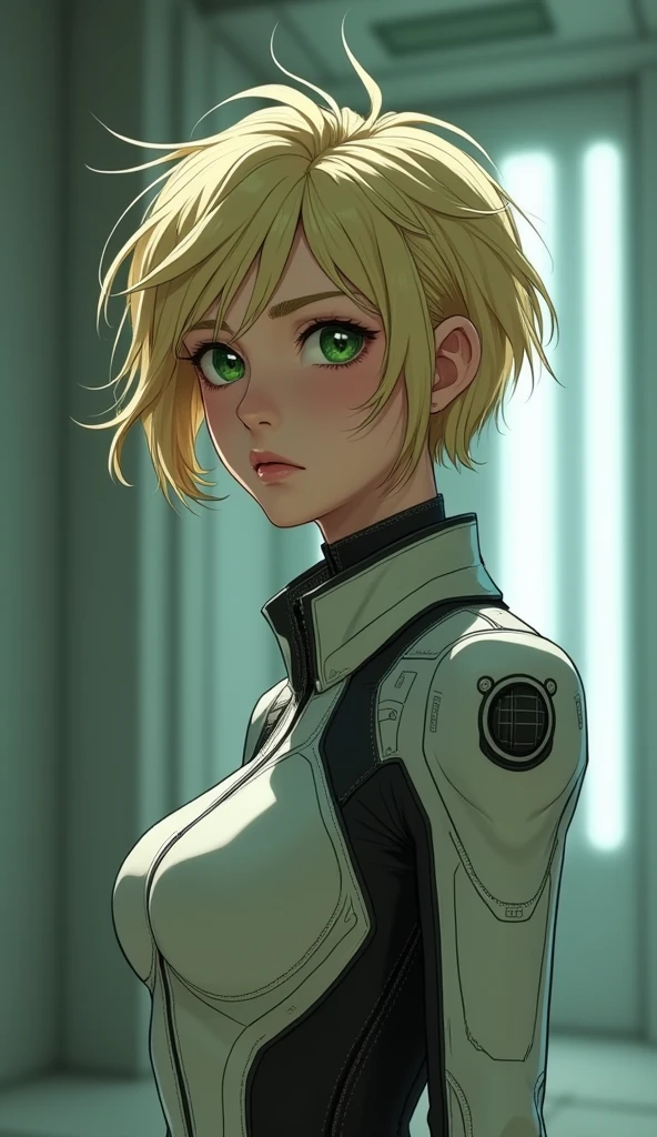 (best quality),female,solo,short hair,blond messy hair,green eyes,Closed jacket,frown,zerosuit,Science fiction,futuristic indoors,ultra-detailed,sharp focus,aesthetic