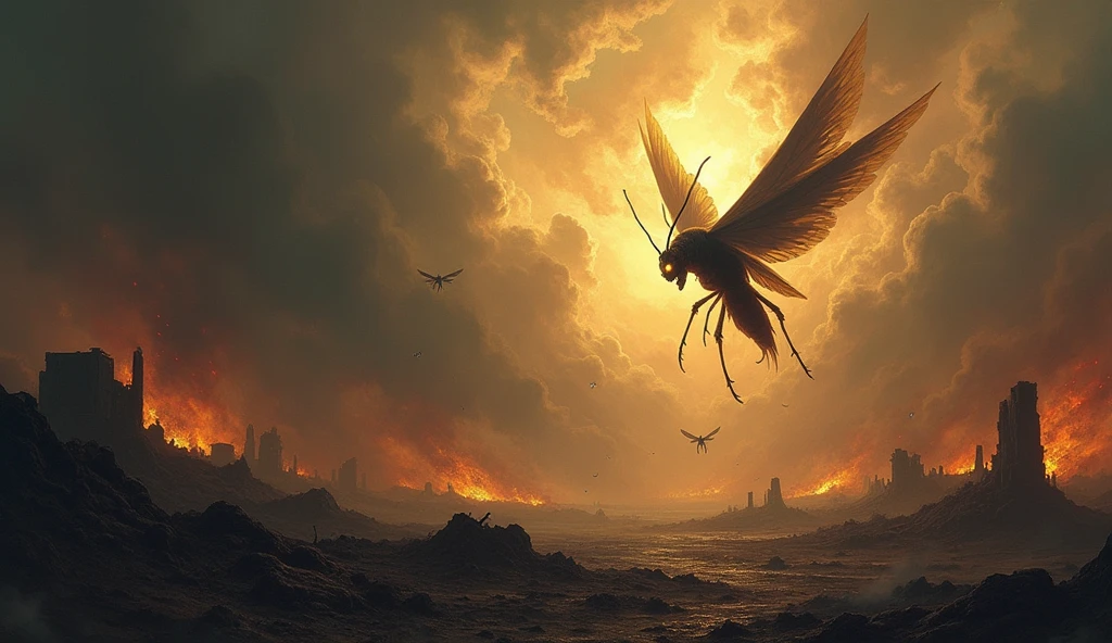 A dramatic and apocalyptic scene where supernatural locusts are depicted as the climax of divine judgment. The locusts swarm across a vast, desolate landscape that shows the aftermath of chaos and moral decay. The sky is filled with dark, foreboding clouds and fiery streaks, symbolizing divine wrath. The ground below is in ruins, with broken, toppled structures and scorched earth, illustrating the consequences of ignoring moral and ethical imperatives. The locusts, with their dark, ominous forms and glowing, malevolent eyes, dominate the scene, emphasizing their role as agents of apocalyptic judgment and the culmination of divine retribution. The atmosphere should convey a profound sense of the chaotic and destructive results of humanity's moral failures.
