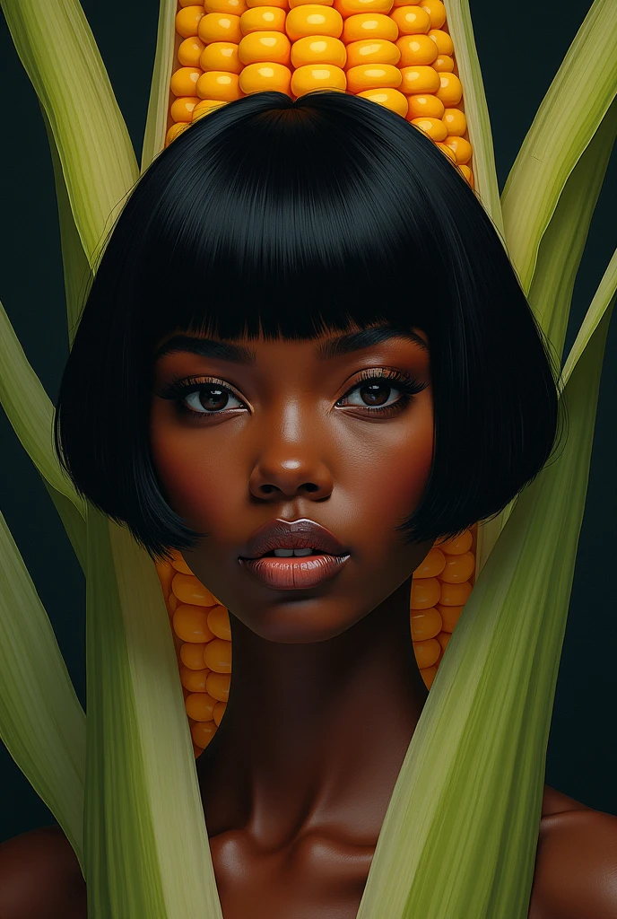 Puts a black female short hair bangs on a corn cob