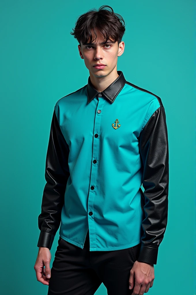 An eye catching turquoise blue and black shirt with a touch of cyberpunk design patterns and a tiny anchor on the left side