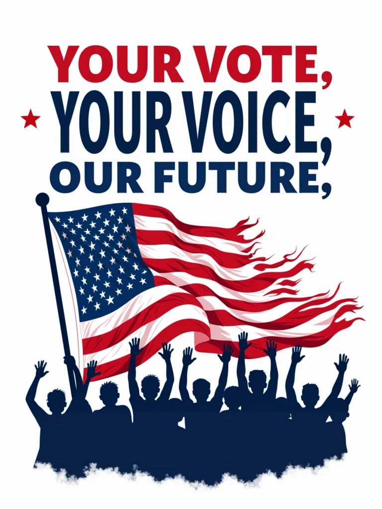 Design a powerful image with the slogan "Your Vote, Your Voice, Our Future." Display the words in bold, dynamic fonts, with the American flag waving proudly in the background. Add silhouettes of diverse citizens raising their hands to symbolize unity and participation. Use vibrant red, white, and blue tones to capture attention and inspire action. on white background.