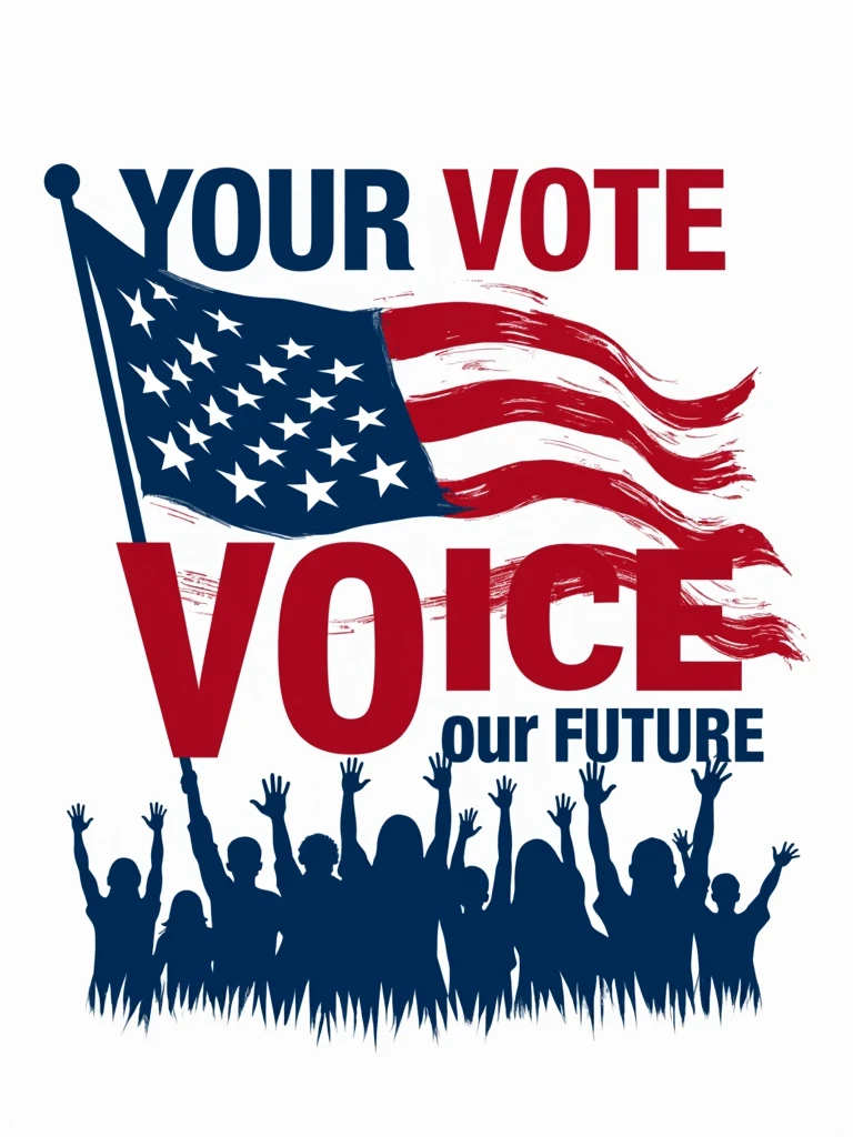 Design a powerful image with the slogan "Your Vote, Your Voice, Our Future." Display the words in bold, dynamic fonts, with the American flag waving proudly in the background. Add silhouettes of diverse citizens raising their hands to symbolize unity and participation. Use vibrant red, white, and blue tones to capture attention and inspire action. on white background.