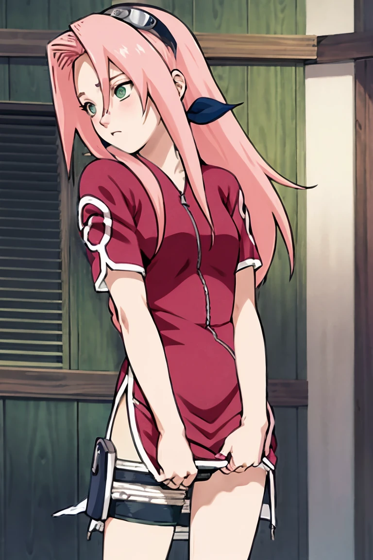 work of art, best qualityer, 1 girl,haruno sakura, pink hair, long hair, greeneyes, manga curta, pulling down her shorts to show her panties, blushed face, front scene,